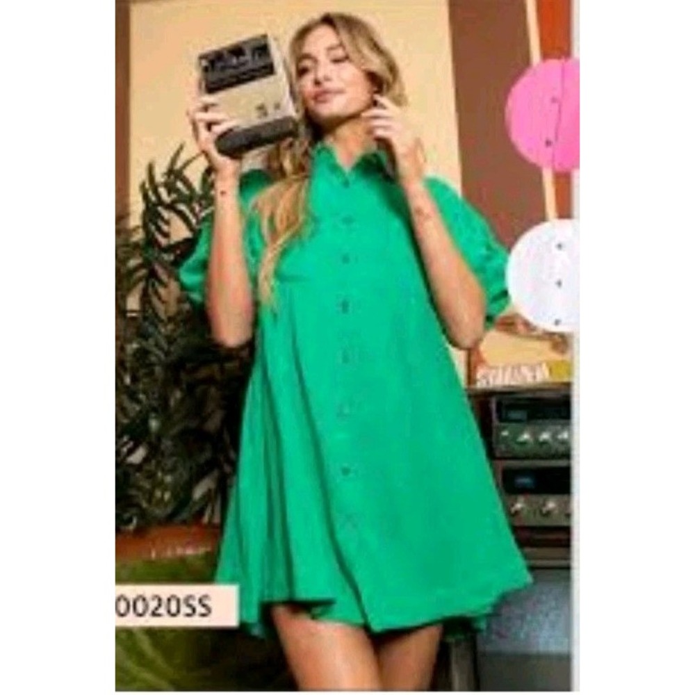 Ces Femme Waffle Shirt Dress Green Short Puff Sleeves 1XL Button Down A‎ Line